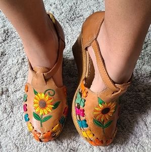 Mexican Artisanal floral leather wedge sandals, Size 7